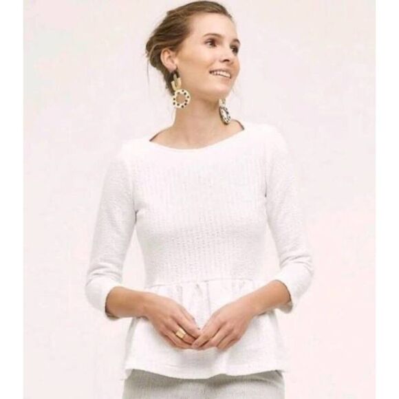 Anthropologie Women's Amadi Textured 3/4 Sleeve Peplum Top in White Size Small - Picture 3 of 13